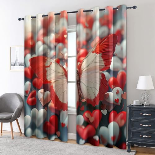 zcwl Schmetterling Vorhänge, Rotes Herz Verdunklungsvorhänge mit Ösen, Vorhang Blickdicht für Wohnzimmer Schlafzimmer Dekoration, Gardinen mit Muster, 2er Set, 245 x 140 cm (HöhexBreite) von zcwl