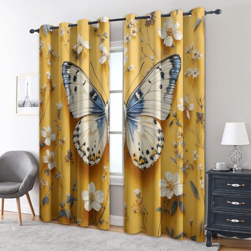 zcwl Schmetterling Vorhänge, Senfgelbe Blume Verdunklungsvorhänge mit Ösen, Vorhang Blickdicht für Wohnzimmer Schlafzimmer Dekoration, Gardinen mit Muster, 2er Set, 245 x 140 cm (HöhexBreite) von zcwl