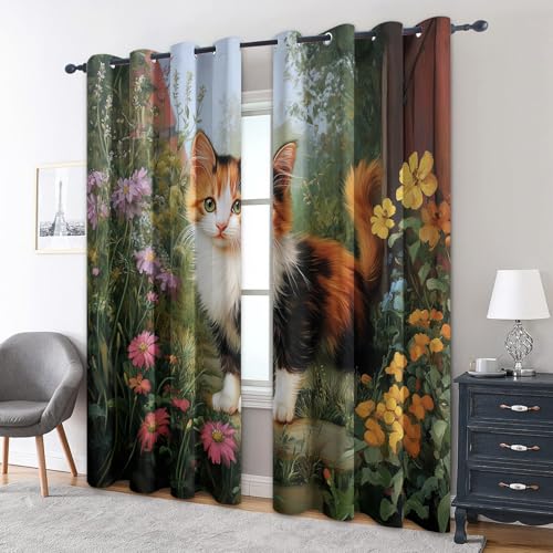 zcwl Tricolor Cat Vorhänge, Kätzchenblume Verdunklungsvorhänge mit Ösen, Vorhang Blickdicht für Wohnzimmer Schlafzimmer Dekoration, Gardinen mit Muster, 2er Set, 175 x 140 cm (HöhexBreite) von zcwl