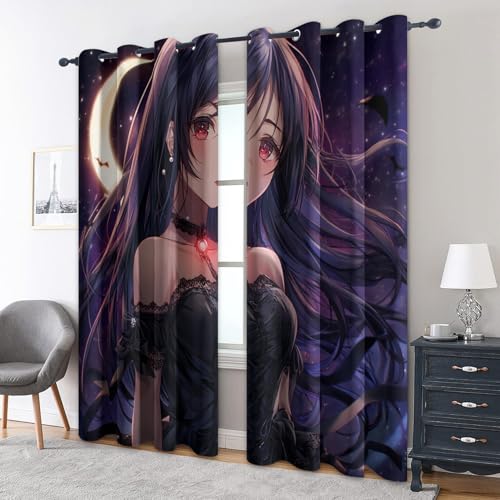 zcwl Vampir Mädchen Vorhänge, Gotischer Anime Verdunklungsvorhänge mit Ösen, Vorhang Blickdicht für Wohnzimmer Schlafzimmer Dekoration, Gardinen mit Muster, 2er Set, 137 x 117 cm (HöhexBreite) von zcwl