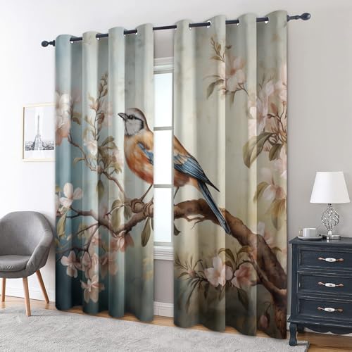zcwl Vogel Am Zweig Vorhänge, Vintage Blumen Verdunklungsvorhänge mit Ösen, Vorhang Blickdicht für Wohnzimmer Schlafzimmer Dekoration, Gardinen mit Muster, 2er Set, 137 x 117 cm (HöhexBreite) von zcwl