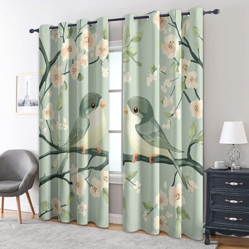 zcwl Vogelpaar Vorhänge, Minzgrüne Blumen Verdunklungsvorhänge mit Ösen, Vorhang Blickdicht für Wohnzimmer Schlafzimmer Dekoration, Gardinen mit Muster, 2er Set, 300 x 140 cm (HöhexBreite) von zcwl