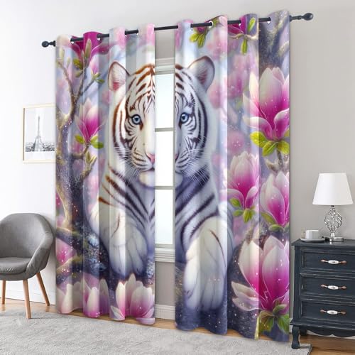 zcwl Weißer Tiger Vorhänge, Rosa Blume Verdunklungsvorhänge mit Ösen, Vorhang Blickdicht für Wohnzimmer Schlafzimmer Dekoration, Gardinen mit Muster, 2er Set, 260 x 140 cm (HöhexBreite) von zcwl