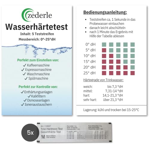zederle (5 Stück Wasserhärte Teststreifen Testkit einzeln verpackt, versiegelt, Deutscher Härtebereich in dH°, Wasserhärte Test, Kalk Test, Gesamthärte Test - für Trinkwasser, Pool, Teich, Aquarium von zederle