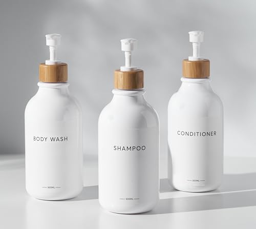Set mit 3 Flaschen für Duschseife, nachfüllbares Shampoo, Conditioner und Duschgelspender (500 ml), leere Flaschen mit Badepumpe. von zeiin home