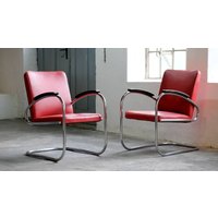 Bauhaus Sessel, Mauser Rs7 Freischwinger Mit Roten Kunstlederbezügen | #2 Von 2 Bauhaus Sessel, Mauser Rs7 Freischwinger Mit Roten Kunstlederbezügen | #2 Von 2 von zeitflair