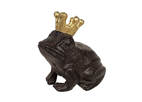 zeitzone Froschkönig Figur Frosch mit Goldener Krone Rustikal Gusseisen Antik-Braun von zeitzone