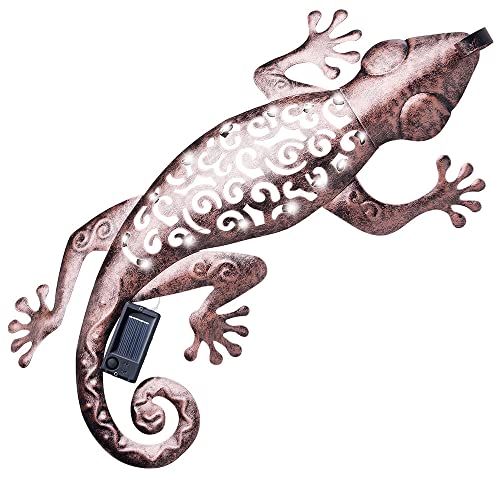 zeitzone Gecko mit LED Beleuchtung Solar Metall Rosa Wanddeko Eidechse Vintage 24x50cm von zeitzone