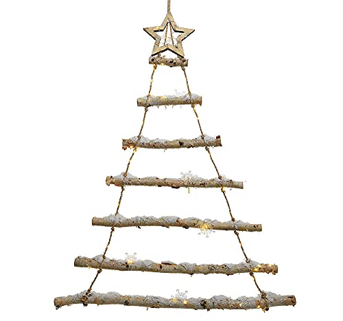 zeitzone LED Weihnachtsbaum Birke mit Schnee Beleuchtet Holzleiter Tannenbaum Timer 98cm von zeitzone