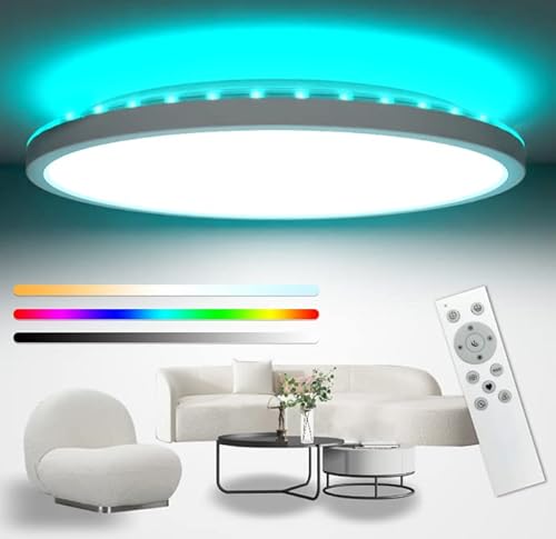 LED Deckenleuchte Dimmbar 42CM, 32W 3200LM RGB Deckenlampe Farbwechsel mit Fernbedienung, 3000K-6000K & IP54 Wasserfest Rund Flach Badezimmer Lampe Decke für Kinderzimmer Wohnzimmer Schlafzimmer von zemty