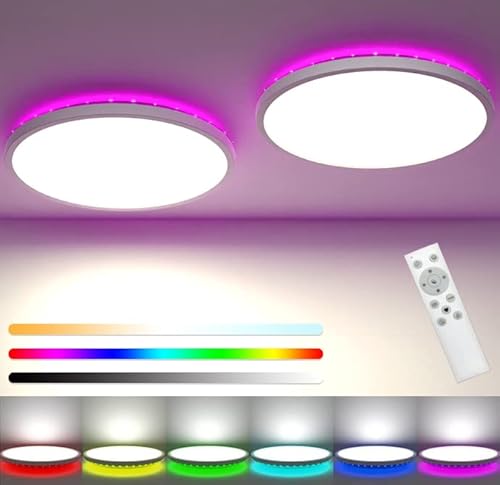 zemty 2 Stück LED Deckenleuchte Dimmbar 3000K-6000K, 24W 3200LM RGB Deckenlampe Farbwechsel mit Fernbedienung, IP54 Wasserfest Rund Badezimmer Lampe Decke für Kinderzimmer Wohnzimmer Schlafzimmer von zemty