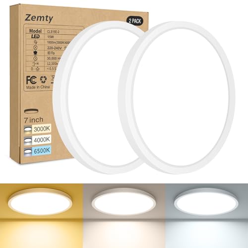 zemty [2Stück/3Farben 3000/4000/6500K LED Deckenleuchte Flach, 15W 1800LM Ø18cm Deckenleuchten, Rund Ultra Dünn Deckenlampe LED Lampen Deckenlampen,Deckenbeleuchtung für Badezimmer,Küche,Schlafzimmer von zemty