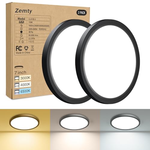 zemty 2Stück/3Farben 3000/4000/6500K LED Deckenleuchte Flach, 15W 1800LM Ø18cm Deckenleuchten, Schwarz Rund Ultra Dünn Deckenlampe LED Lampen Deckenlampen,Deckenbeleuchtung für Badezimmer,Küche von zemty