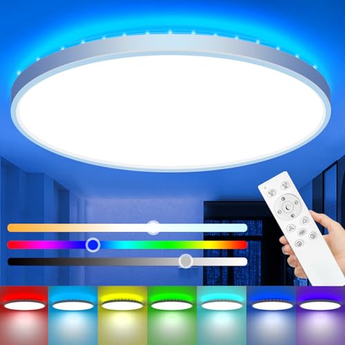 zemty 36W 3600LM LED Deckenleuchte Dimmbar, 38CM RGB Farbwechsel Deckenlampe 3000K-6500K, IP54 Wasserfest Flach Badlampe Decke für Badezimmer Kinderzimmer Schlafzimmer von zemty