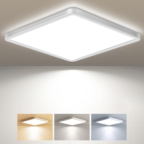 zemty Deckenlampe LED Deckenleuchte Flach, 3Farben - 3000K/4000K/6500K, IP44 Wasserfest Quadrat Badlampe Decke, 2800LM Modern LED Decklit für Flur küche Badezimmer Schlafzimmer Büro,Ø29CM von zemty