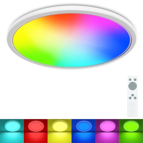 zemty LED Deckenleuchte Dimmbar, 24W 3200LM RGB Deckenlampe Farbwechsel, 4000K Badezimmer Lampe mit Fernbedienung, Wasserfest Rund Flach Badlampe Decke für Schlafzimmer Wohnzimmer Küche Bad von zemty