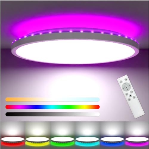 zemty LED Deckenleuchte Dimmbar, 24W 3200LM RGB Deckenlampe Farbwechsel, IP54 Wasserfest Badezimmer Lampe, 3000K-6000K Rund Flach Badlampe Decke für Kinderzimmer Schlafzimmer von zemty