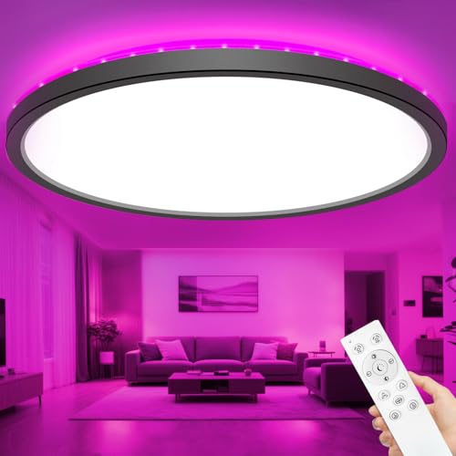 zemty LED Deckenleuchte Dimmbar 59CM, 50W 5040LM RGB Deckenlampe mit Fernbedienung, 3000K-6500K Wasserfest Badezimmer Lampe Decke für Bad Kinderzimmer Schlafzimmer Wohnzimmer Schwarz von zemty