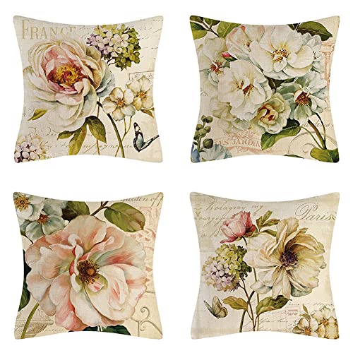 4er-Set Dekorativ Kissenbezug 45x45cm Vintage Blumen Leinen Kissenbezüge Dekokissen Quadrat Doppelseitig Kissenhülle Sofakissen Set Kissen Fall für Auto Wohnzimmer Schlafzimmer Zuhause Dekor von zenagg