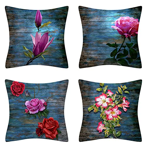 4er-Set Dekorativ Kissenbezug 55x55cm Pinke Blumen Leinen Kissenbezüge Dekokissen Quadrat Doppelseitig Kissenhülle Sofakissen Set Kissen Fall für Auto Wohnzimmer Schlafzimmer Zuhause Dekor von zenagg