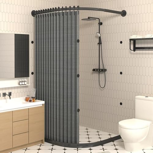 Gebogenes Duschvorhang-Set Mit Duschvorhangstange Und Wasserrückhaltestreifen, Magnetischer Saugnapf Und Wasserdichtem Design, Für Kleine Badezimmer(X（85-90）× Y（85-90）,Gray+Black) von zenggp
