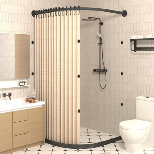 Gebogenes Duschvorhang-Set Mit Duschvorhangstange Und Wasserrückhaltestreifen, Magnetischer Saugnapf Und Wasserdichtem Design, Für Kleine Badezimmer(X（85-90）× Y（90-100）,Beige + Black) von zenggp