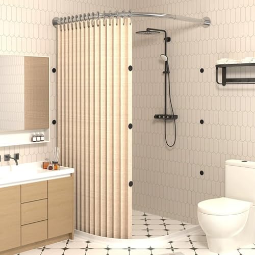 Gebogenes Duschvorhang-Set Mit Duschvorhangstange Und Wasserrückhaltestreifen, Magnetischer Saugnapf Und Wasserdichtem Design, Für Kleine Badezimmer(X（90-100）× Y（90-100）,Beige + Silver) von zenggp