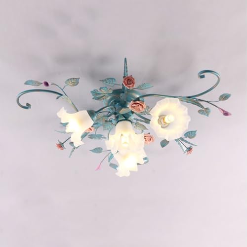 Moderne Blumen-Deckenleuchte, Mit Rosa Blumenmuster Aus Keramik Und Milchglasschirm, Halbbündige Montage, Nah An Der Decke, Dimmbare LED-Beleuchtung Für Wohnzimmer Schlafzimmer Flur(Size:4 heads,Color von zenggp