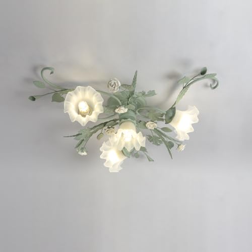 Moderne Blumen-Deckenleuchte, Mit Rosa Blumenmuster Aus Keramik Und Milchglasschirm, Halbbündige Montage, Nah An Der Decke, Dimmbare LED-Beleuchtung Für Wohnzimmer Schlafzimmer Flur(Size:4 heads,Color von zenggp