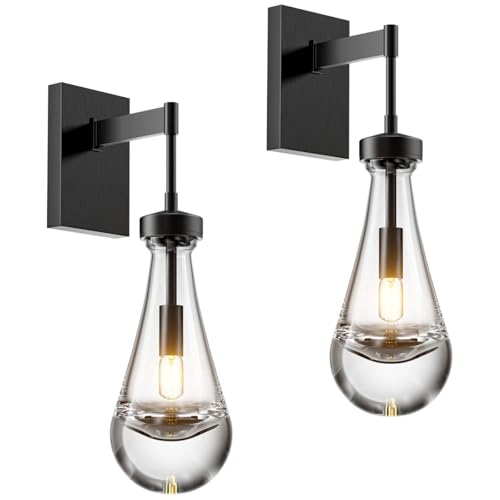zenggp 2er-Pack Kristall-Wandlampen, Moderne Kabellose LED-Wandleuchten Mit Glas-Regentropfenanhängern Und E14-Sockel, Beleuchtungskörper Für Schlafzimmer Wohnzimmer Flur Nachttisch(Color:Black) von zenggp