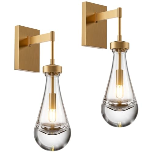 zenggp 2er-Pack Kristall-Wandlampen, Moderne Kabellose LED-Wandleuchten Mit Glas-Regentropfenanhängern Und E14-Sockel, Beleuchtungskörper Für Schlafzimmer Wohnzimmer Flur Nachttisch(Color:Gold) von zenggp