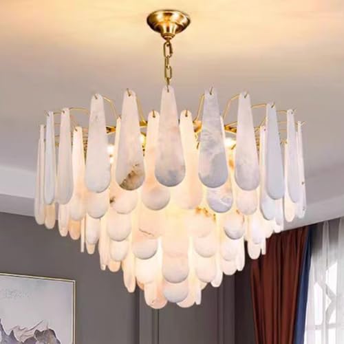 zenggp Alabaster Kronleuchter Für Esszimmer, Moderne Luxus-Pendelleuchte Aus Messing Mit Weißem Marmor-Federschirm Und E14-Sockel, Deckenleuchte Für Schlafzimmer Wohnzimmer Flur(Size:Φ：100cm) von zenggp