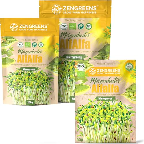 ZenGreens® - Bio Alfalfa Sprossen Samen - Wähle zwischen 10g, 200g und 500g - Alfalfa Samen Keimrate von über 97% - Luzerne Keimsprossen - Ideal zum Sprossen ziehen im Sprossenglas - Microgreens… von zengreens
