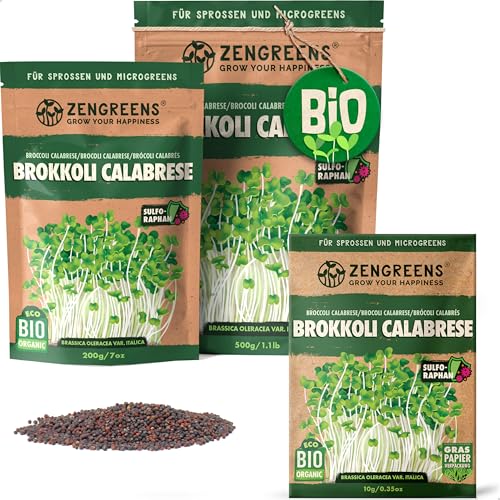 zengreens® - Bio Brokkoli Samen - Wähle zwischen 10g, 200g und 500g - Brokkolisprossen mit hohem Sulforaphan-Gehalt - Brokkolisprossen Samen - Brokkolisamen Calabrese - wiederverschließbare Verpackung von zengreens