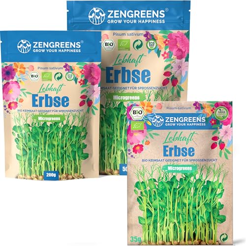 ZenGreens® - Bio Erbsen Samen - Wähle zwischen 10g, 200g und 500g - Erbsensamen mit Keimrate von über 97% - Erbsen Keimsprossen - Erbsen Saatgut zum Sprossen ziehen - wiederverschließbare Verpackung von zengreens