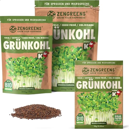 ZenGreens® - Bio Grühnkohl Sprossen Samen - Wähle zwischen 10g, 200g und 500g - Grühnkohl Bio Saatgut - Keimrate von über 95% - Grühnkohl Sprossensamen zum Keimsprossen ziehen - Microgreens von zengreens