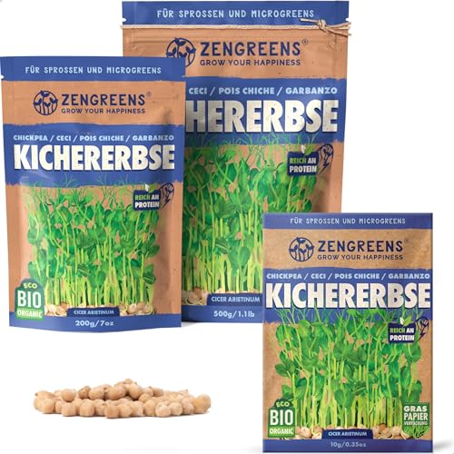 ZenGreens® - Bio Kichererbse Sprossen Samen - Wähle zwischen 10g, 200g und 500g - Kichererbse Bio Saatgut - Keimrate von über 95% - Kichererbse Sprossensamen zum Keimsprossen ziehen - Microgreens von zengreens