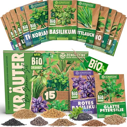 ZenGreens® - Bio Kräuter Samen Set - 15 Kräutersamen für den einfachen Anbau im Garten, Balkon oder Hochbeet - Pfalnzensamen - Saatgut von zengreens