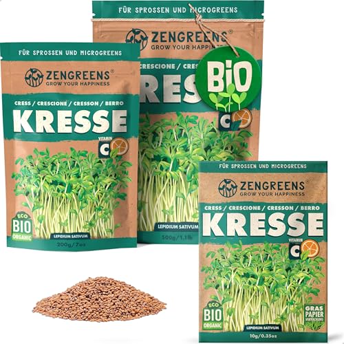 ZenGreens® - Bio Kresse Sprossen Samen - Wähle zwischen 10g, 200g und 500g - Kresse Samen - Keimrate von über 96% - Kresse Bio Saatgut zum Keimsprossen ziehen - wiederverschließbare Verpackung von zengreens