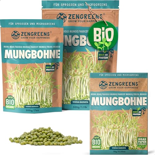 ZenGreens® - Bio Mungobohnen Sprossen Samen - Wähle zwischen 10g, 200g und 500g - Microgreens - Keimrate von über 97% - Mungbohnen Bio Saatgut zum Sprossen ziehen - wiederverschließbare Verpackung von zengreens