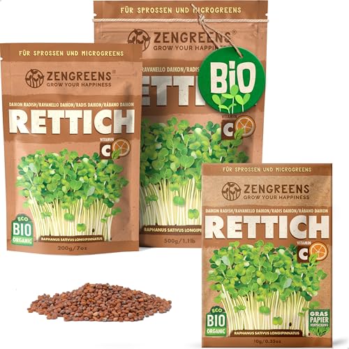 ZenGreens® - Bio Rettich Samen - Wähle zwischen 10g, 200g und 500g - Daikon Rettich mit Keimrate von über 97% - Winterrettich - Rettich Saatgut zum Sprossen ziehen - wiederverschließbare Verpackung von zengreens