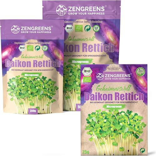 ZenGreens® - Bio Rettich Samen - Wähle zwischen 10g, 200g und 500g - Daikon Rettich mit Keimrate von über 97% - Winterrettich - Rettich Saatgut zum Sprossen ziehen - wiederverschließbare Verpackung von zengreens
