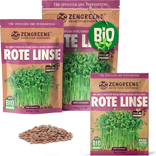 ZenGreens® - Bio Rote Linsen Samen - Wähle zwischen 10g, 200g und 500g - Rote Linsensamen mit Keimrate von über 97% - Keimsprossen - Bio Linsen zum Sprossen ziehen - wiederverschließbare Verpackung von zengreens