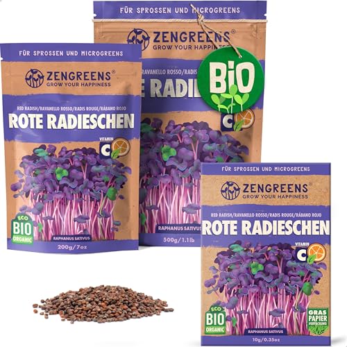 ZenGreens® - Bio Rote Radieschen Sprossen Samen - Wähle zwischen 10g, 200g und 500g - Rotes Radieschen Bio Saatgut - Keimrate von über 95% - Rote Radieschen Sprossensamen zum Keimsprossen ziehen von zengreens