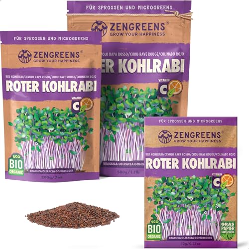 ZenGreens® - Bio Roter Kohlrabi Sprossen Samen - Wähle zwischen 10g, 200g und 500g - Rotes Kohlrabi Bio Saatgut - Keimrate von über 95% - Roter Kohlrabi Sprossensamen zum Keimsprossen ziehen von zengreens