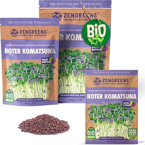 ZenGreens® - Bio Roter Komatsuna Sprossen Samen - Wähle zwischen 10g, 200g und 500g - Roter Komatsuna Bio Saatgut - Keimrate von über 95% - Roter Komatsuna Sprossensamen zum Keimsprossen ziehen von zengreens