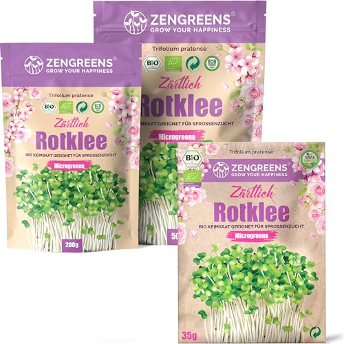 ZenGreens® - Bio Rotklee Samen - Wähle zwischen 10, 200g und 500g - Klee Samen mit Keimrate von über 97% - Kleesamen Keimsprossen - Rotklee Saatgut zum Sprossen ziehen - von zengreens