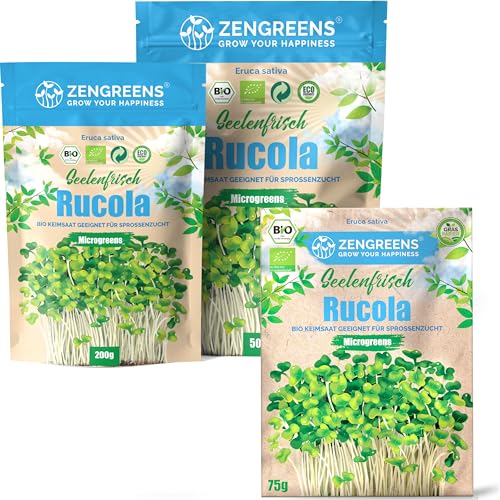 ZenGreens® - Bio Rucola Sprossen Samen - Wähle zwischen 10g, 200g und 500g- Rucola Bio Saatgut - Keimrate von über 95% - Salatrauke Sprossensamen zum Keimsprossen ziehen - Microgreens von zengreens