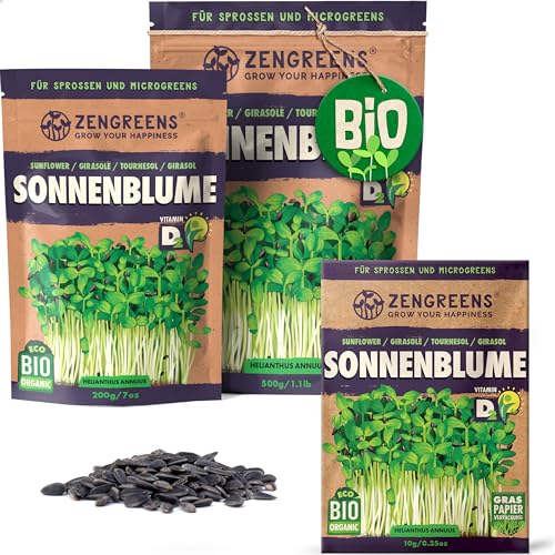 ZenGreens® - Bio Sonnenblumen Samen - Wähle zwischen 10g, 200g und 500g - Sonnenblume mit Keimrate von über 97% - Keimsprossen - Sonnenblumensamen zum Sprossen ziehen - wiederverschließbare Verpackung von zengreens