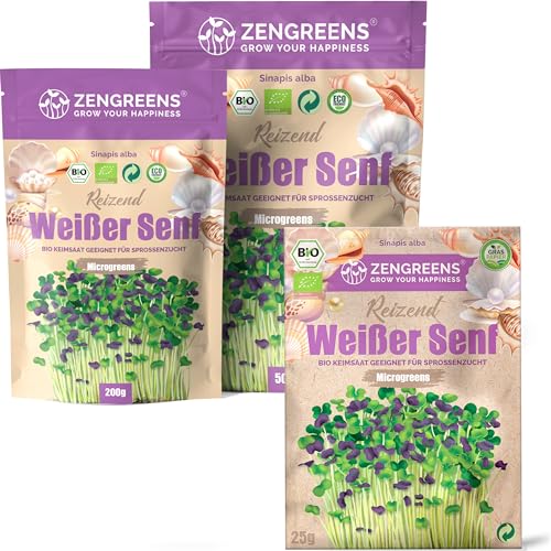 ZenGreens® - Bio Weißer Senf Samen - Wähle zwischen 10g, 200g und 500g - Weiße Senfsaat mit Keimrate von über 97% - Gelbsenf Sprossen- Weißer Senf Sprossen ziehen - wiederverschließbare Verpackung von zengreens